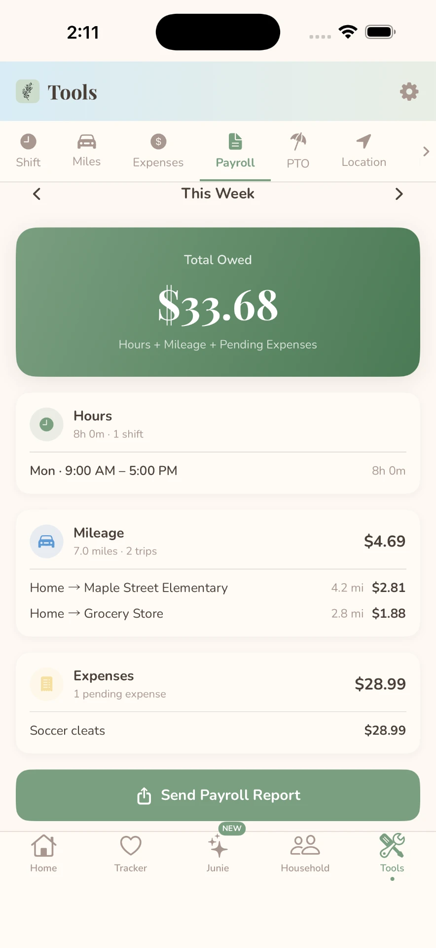 Juniper payroll screen showing total owed with hours, mileage, and expenses