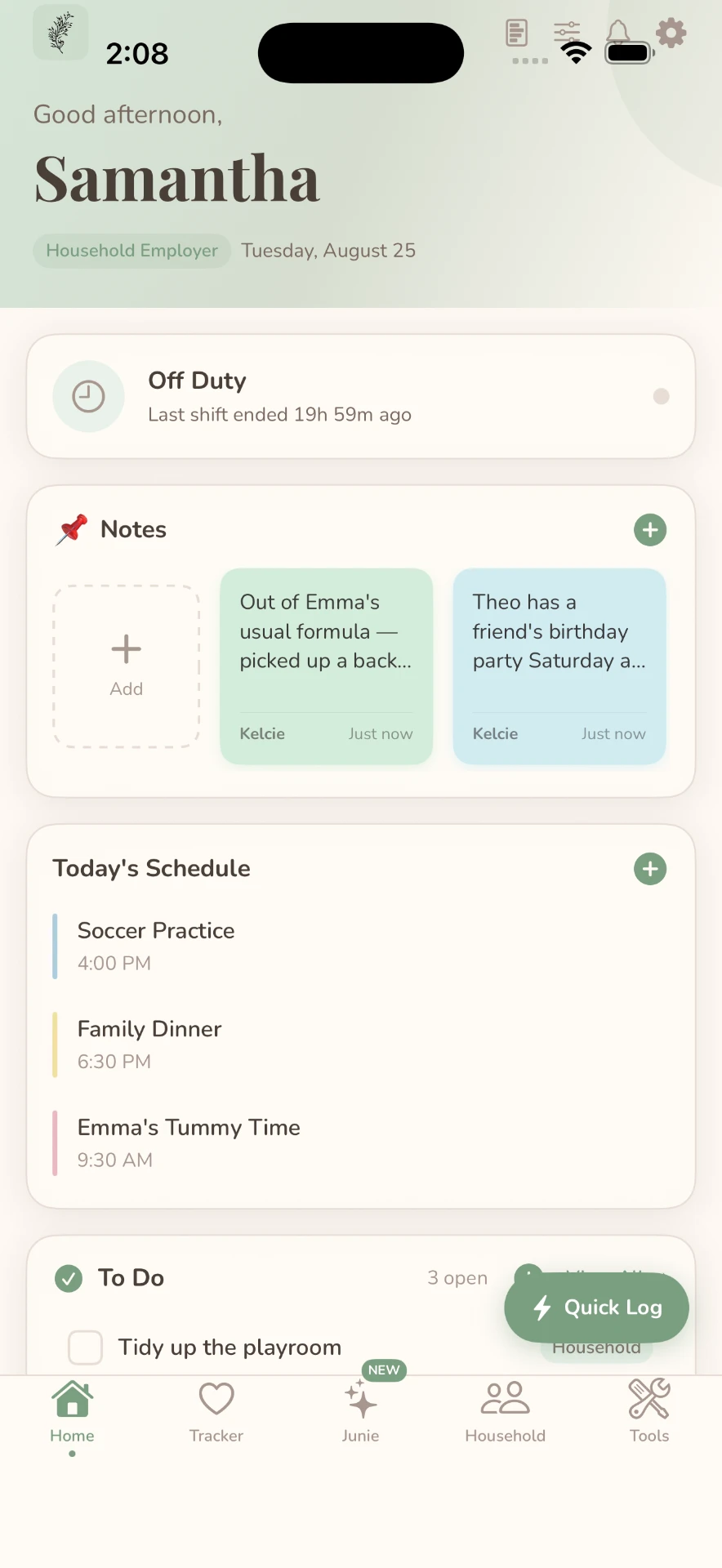 Juniper app home screen showing household notes, today's schedule, and the shared to-do list
